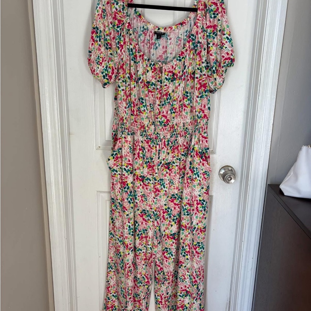 Torrid Pink and Green Floral Jumpsuit with Puff Sleeves